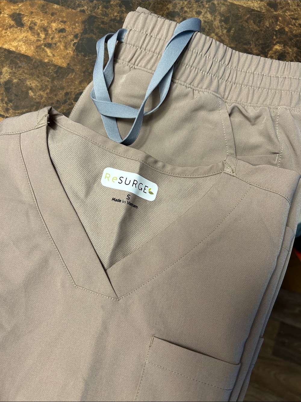 V-Neck Scrub Top and Elastic Waist Pants - Taupe